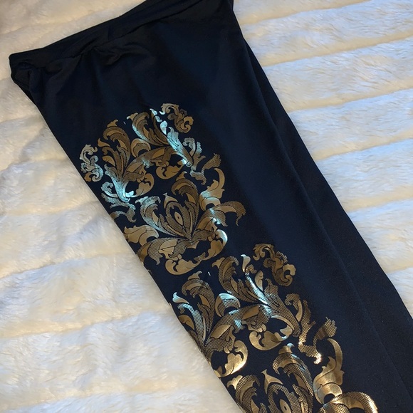 Y2k gold metallic foil filigree black leggings skinny pants M - Picture 9 of 13